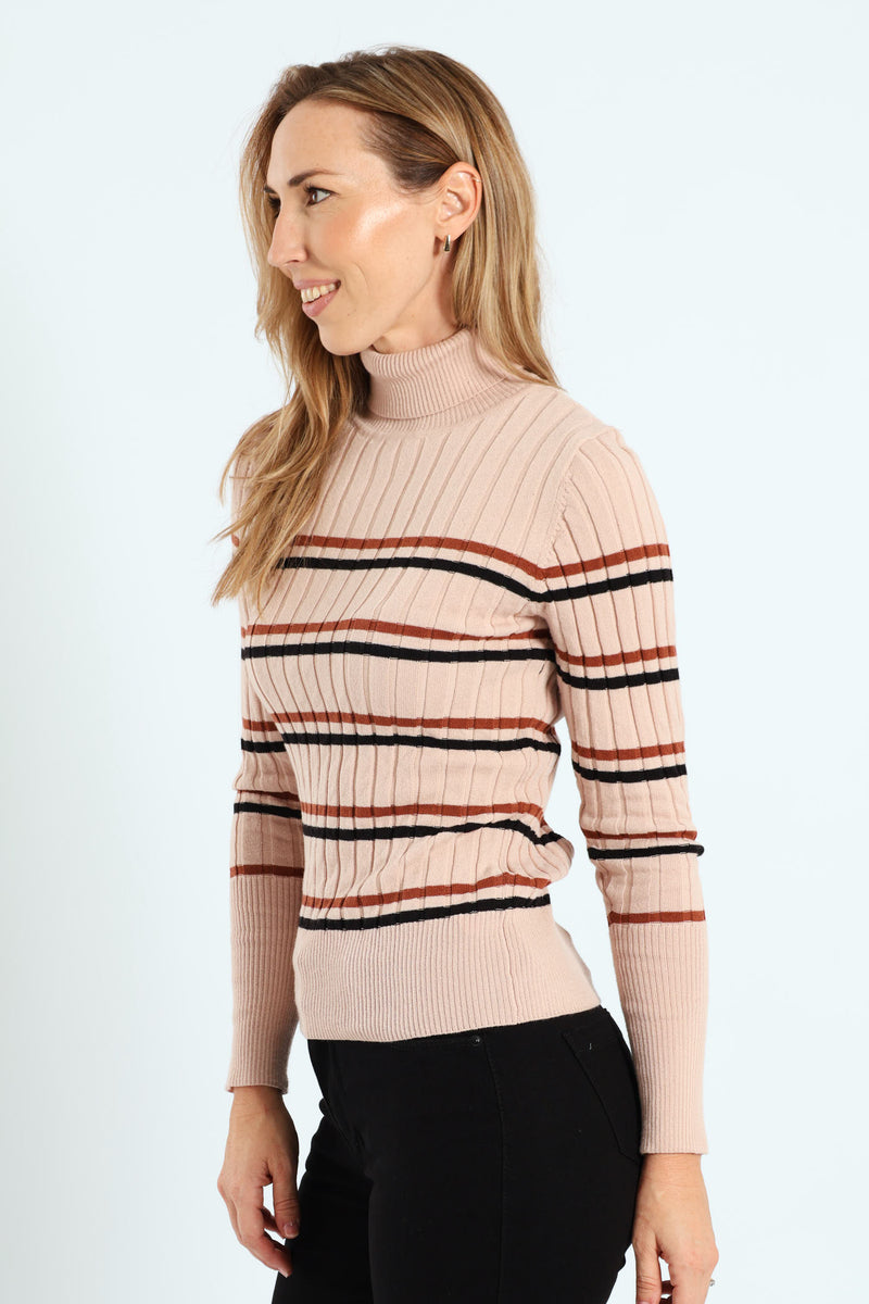 Ribbed Striped Poloneck - Black/Brown