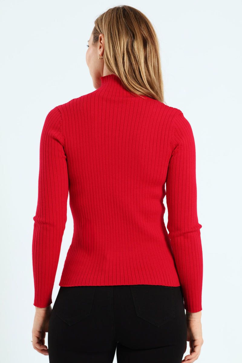 Turtleneck Pointelle Cable Stitch Pullover - Raspberry