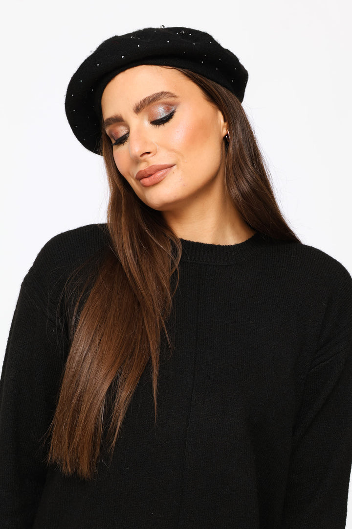 Jewel Embellished Beret - Black