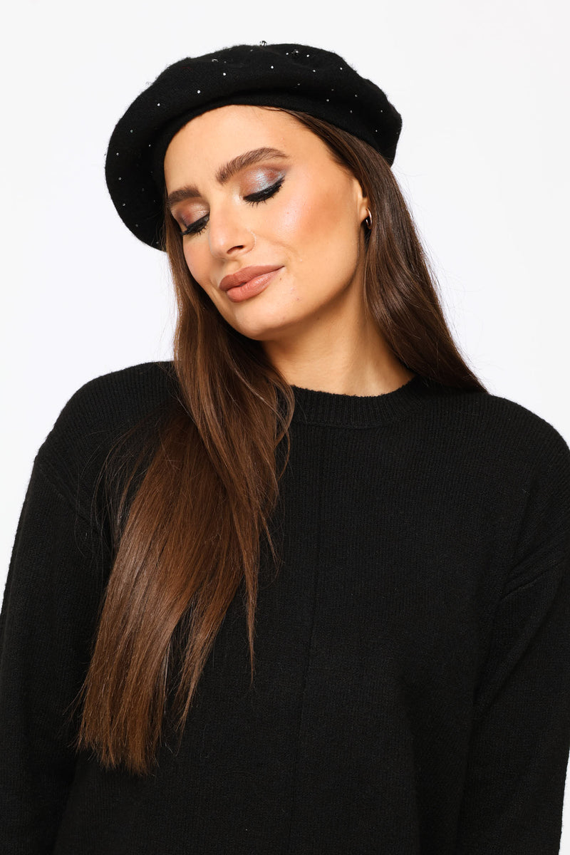 Jewel Embellished Beret - Black