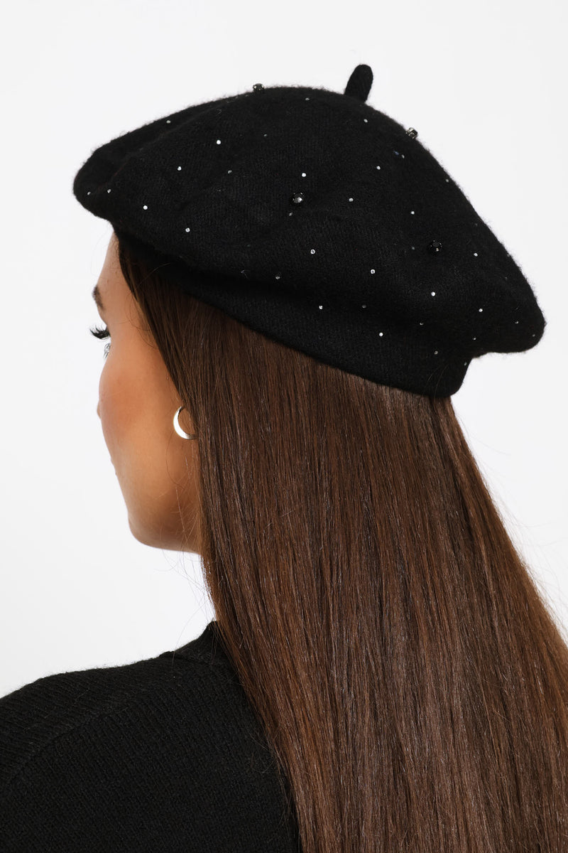 Jewel Embellished Beret - Black