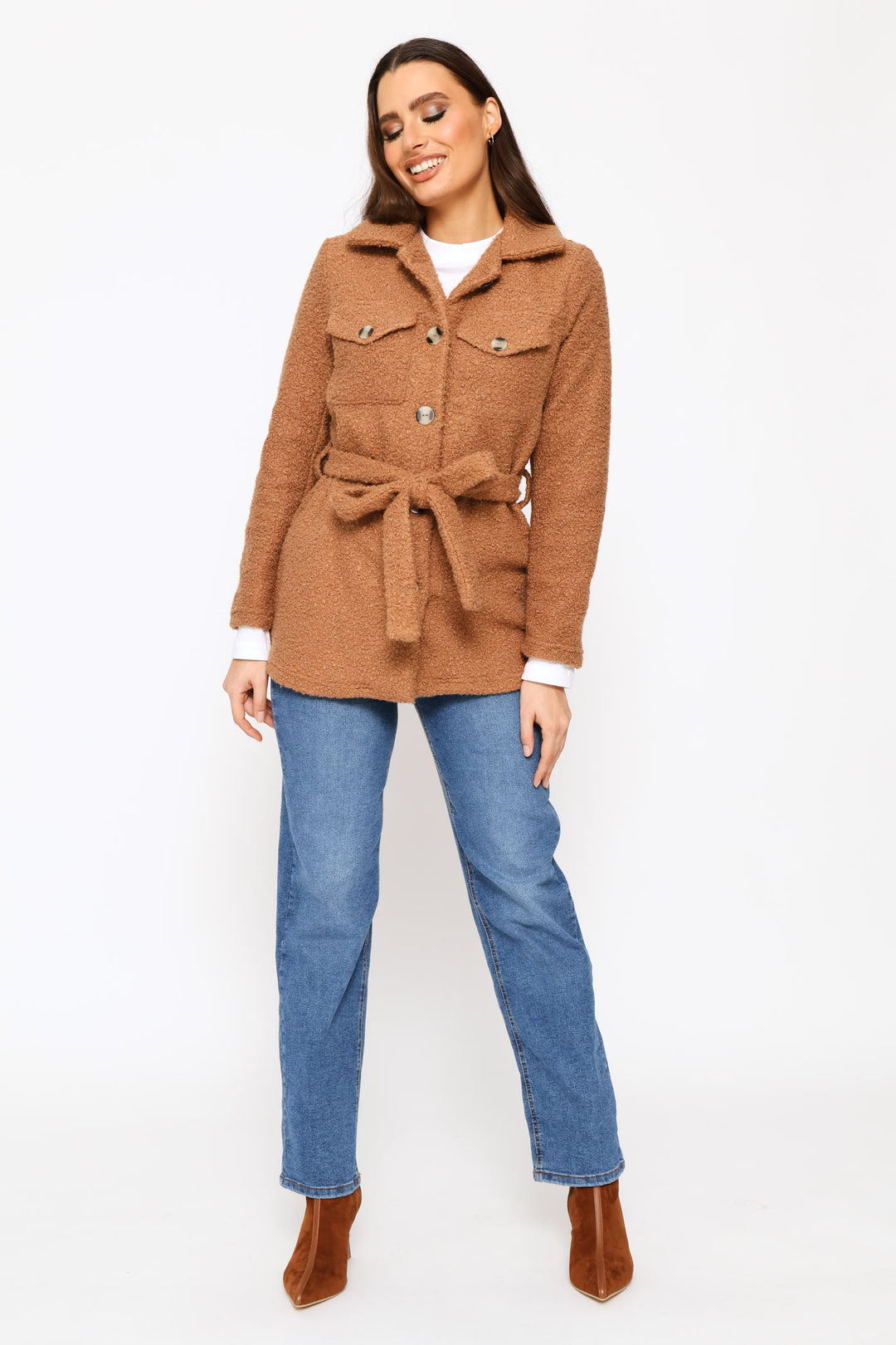 Boucle Belted Utility Shacket - Cognac