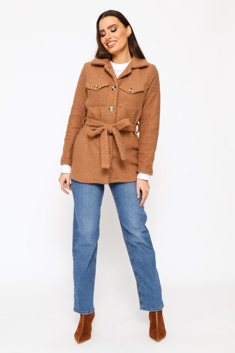 Boucle Belted Utility Shacket - Cognac
