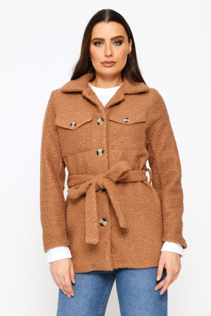 Boucle Belted Utility Shacket - Cognac