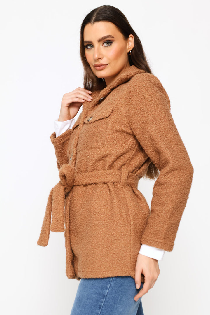 Boucle Belted Utility Shacket - Cognac