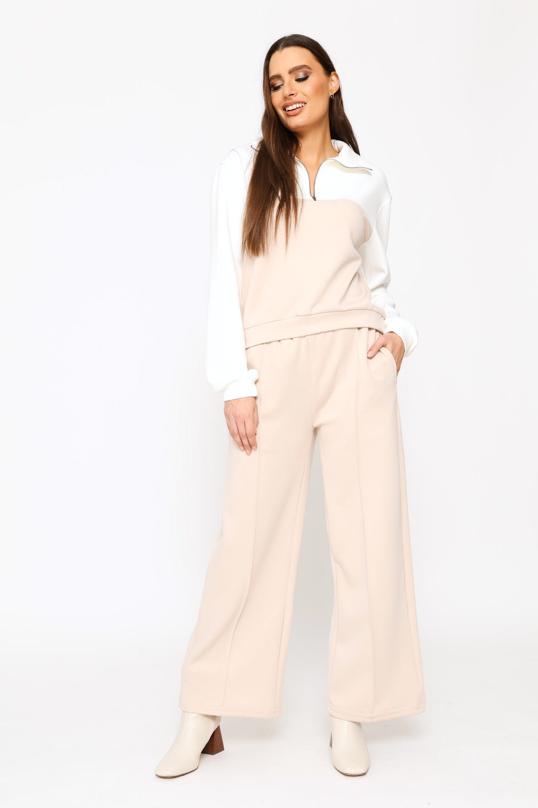 Plush Quarter Zip Pullover - Stone/White