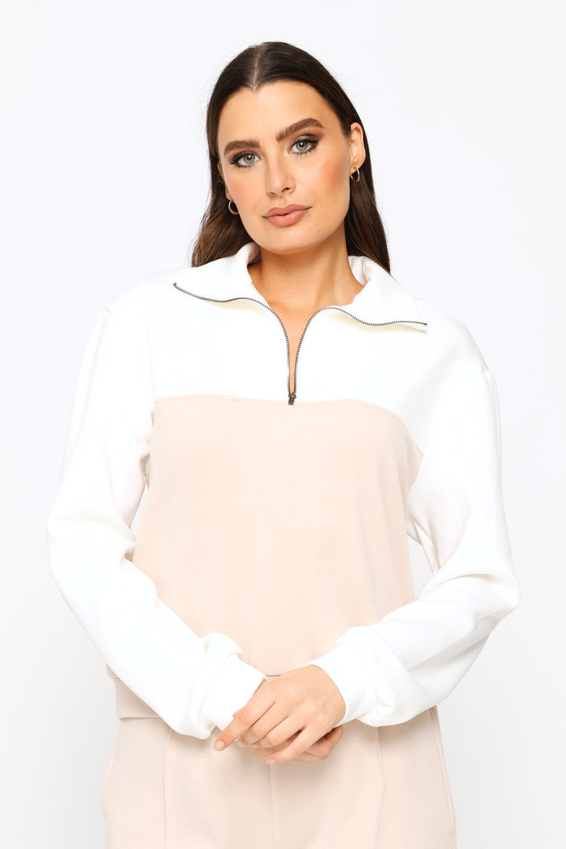 Plush Quarter Zip Pullover - Stone/White
