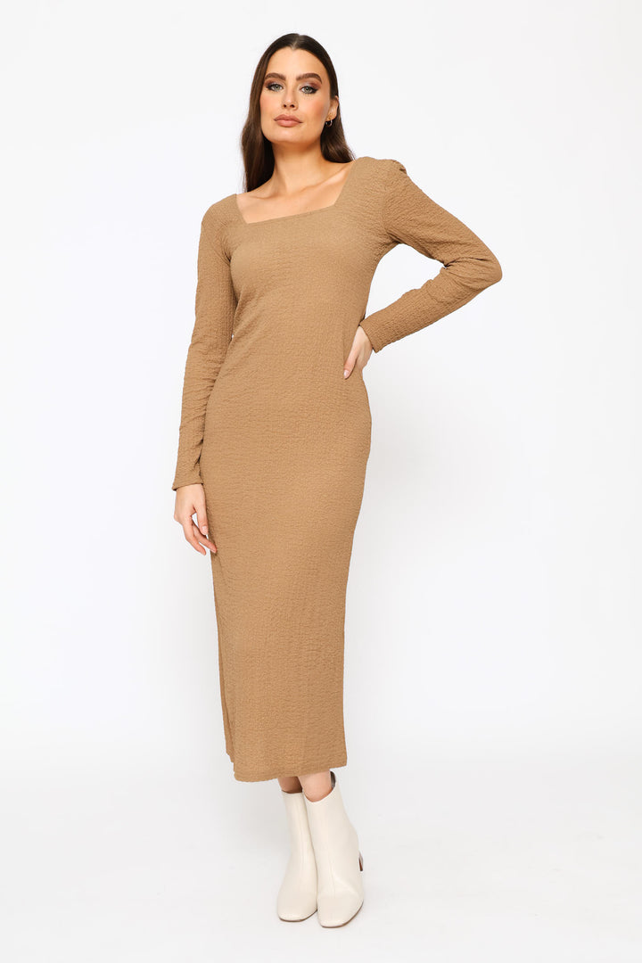 Textured Long Sleeve Bodycon Midi Dress - Mocha