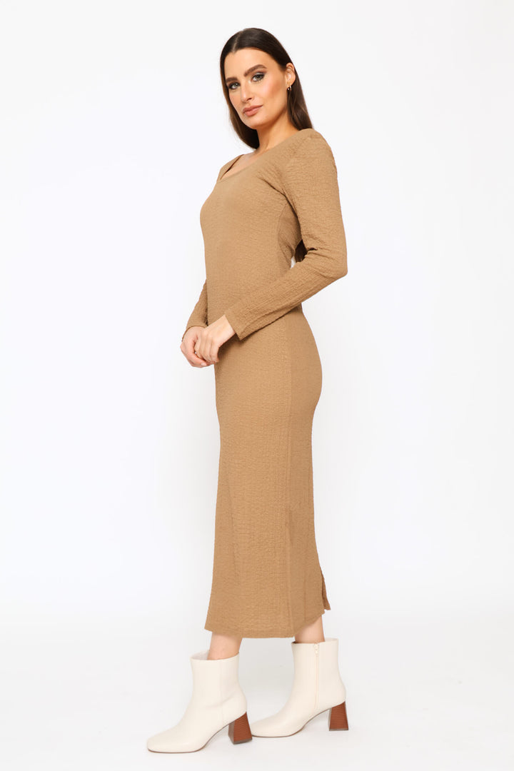 Textured Long Sleeve Bodycon Midi Dress - Mocha
