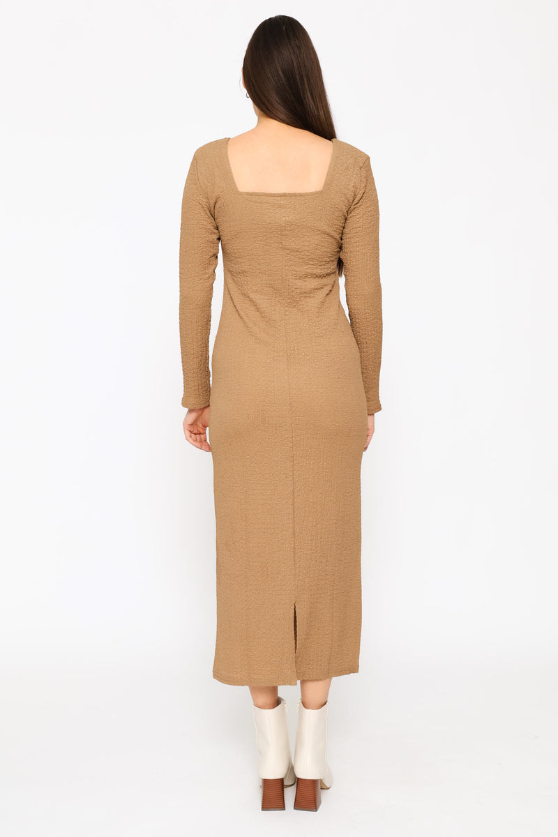 Textured Long Sleeve Bodycon Midi Dress - Mocha