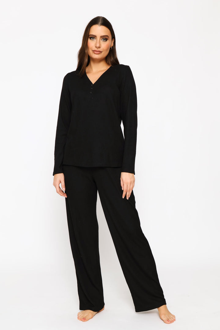 Long Sleeve Henley & Pant Waffle Knit Set - Black