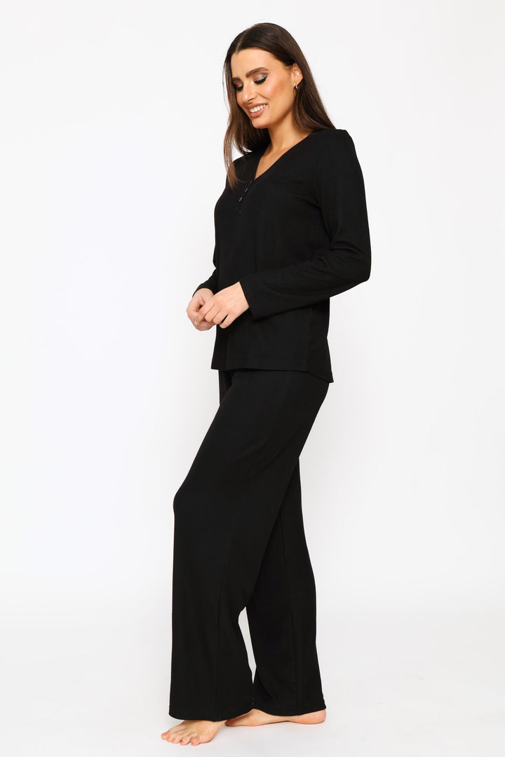 Long Sleeve Henley & Pant Waffle Knit Set - Black