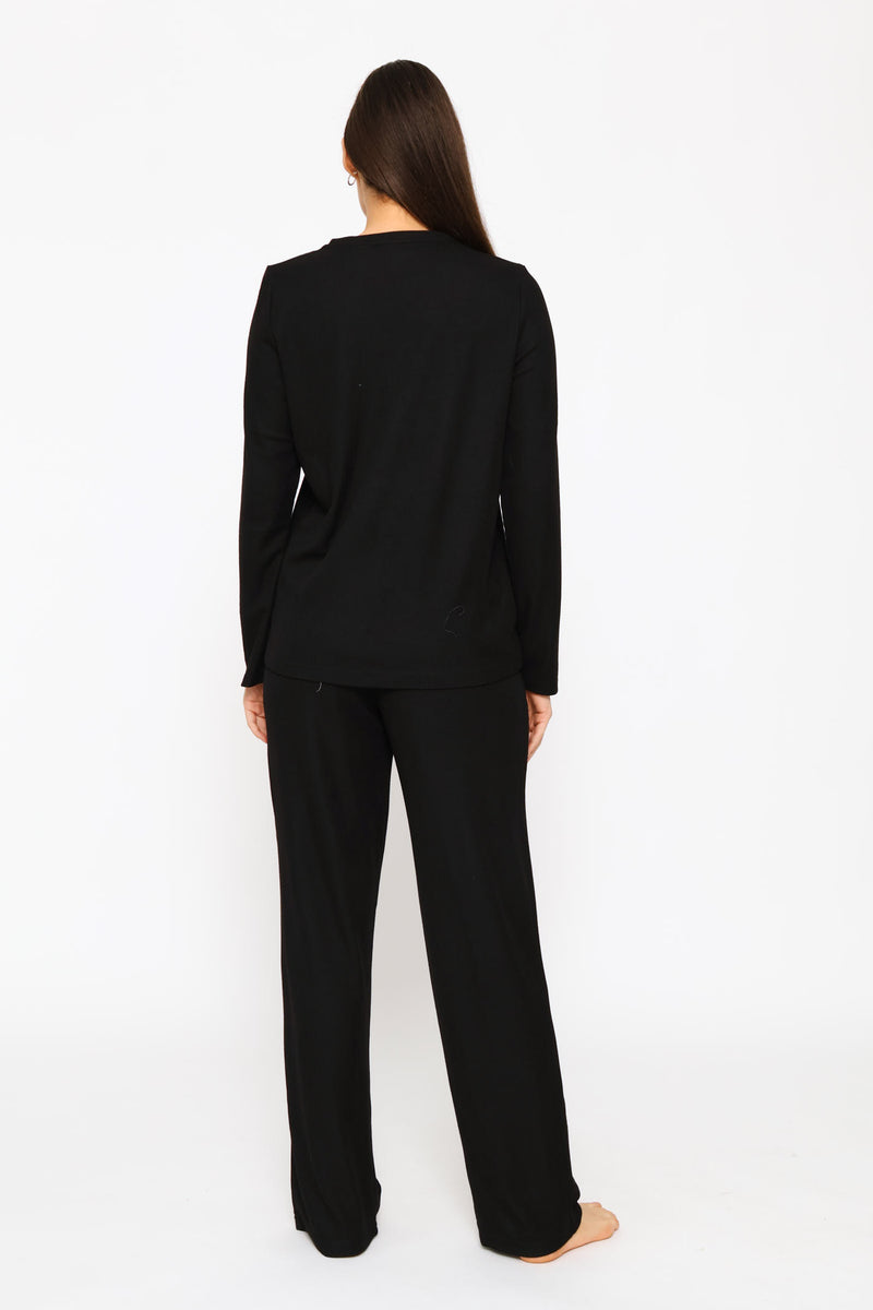 Long Sleeve Henley & Pant Waffle Knit Set - Black