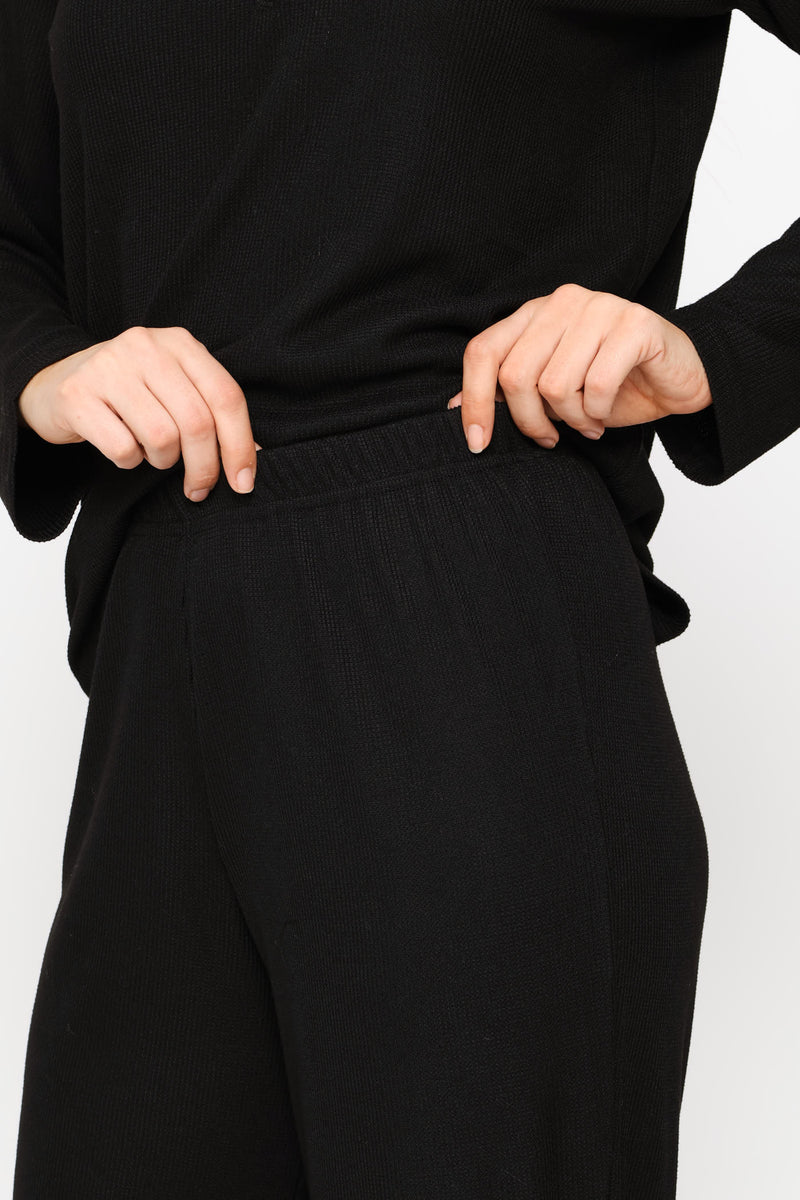 Long Sleeve Henley & Pant Waffle Knit Set - Black