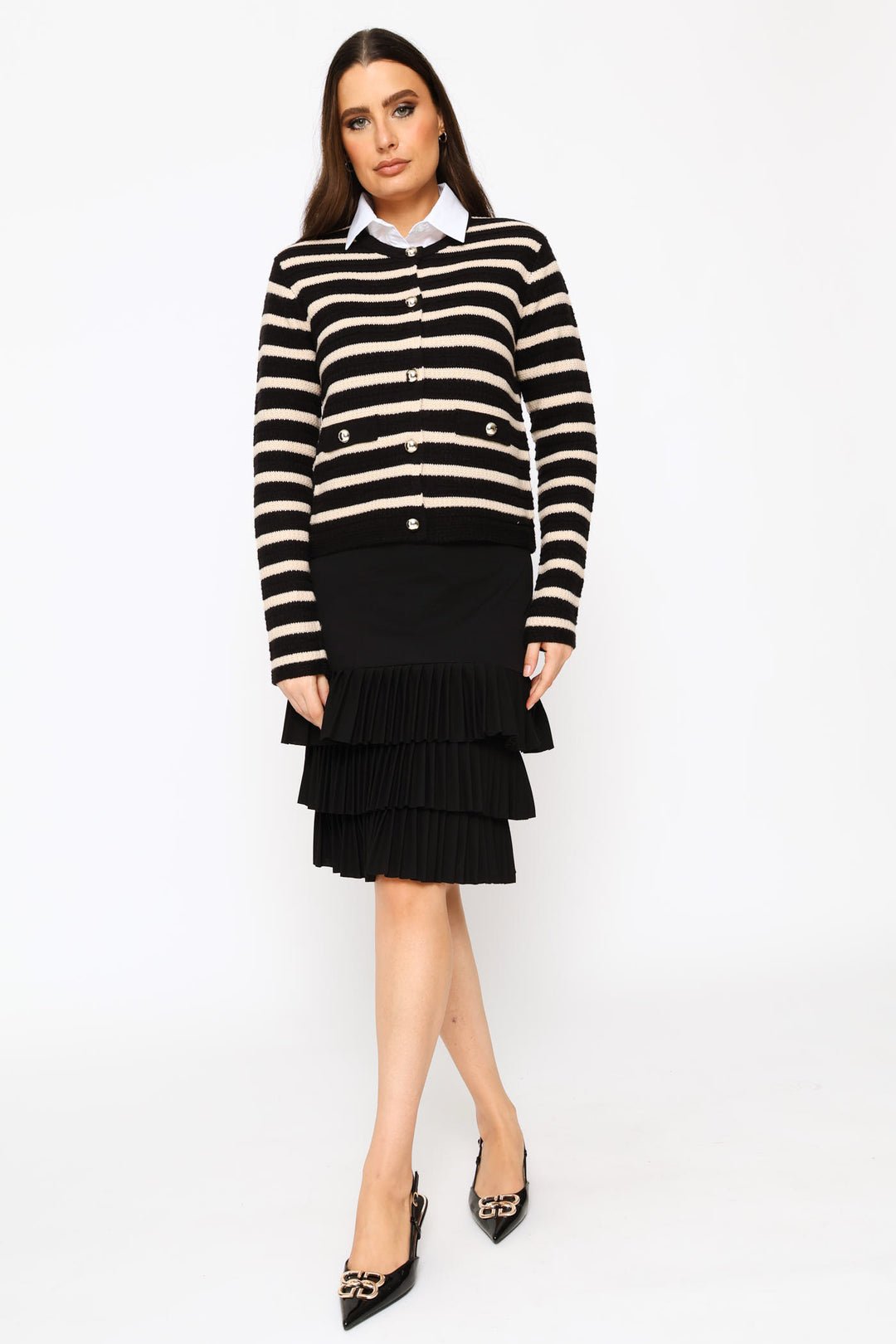 Striped Long Sleeve Textured Cardigan - Black