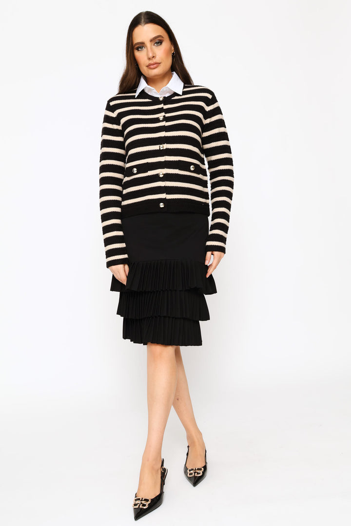 Striped Long Sleeve Textured Cardigan - Black