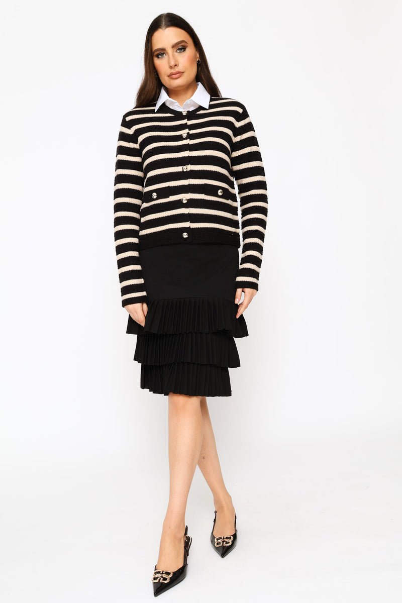 Striped Long Sleeve Textured Cardigan - Black