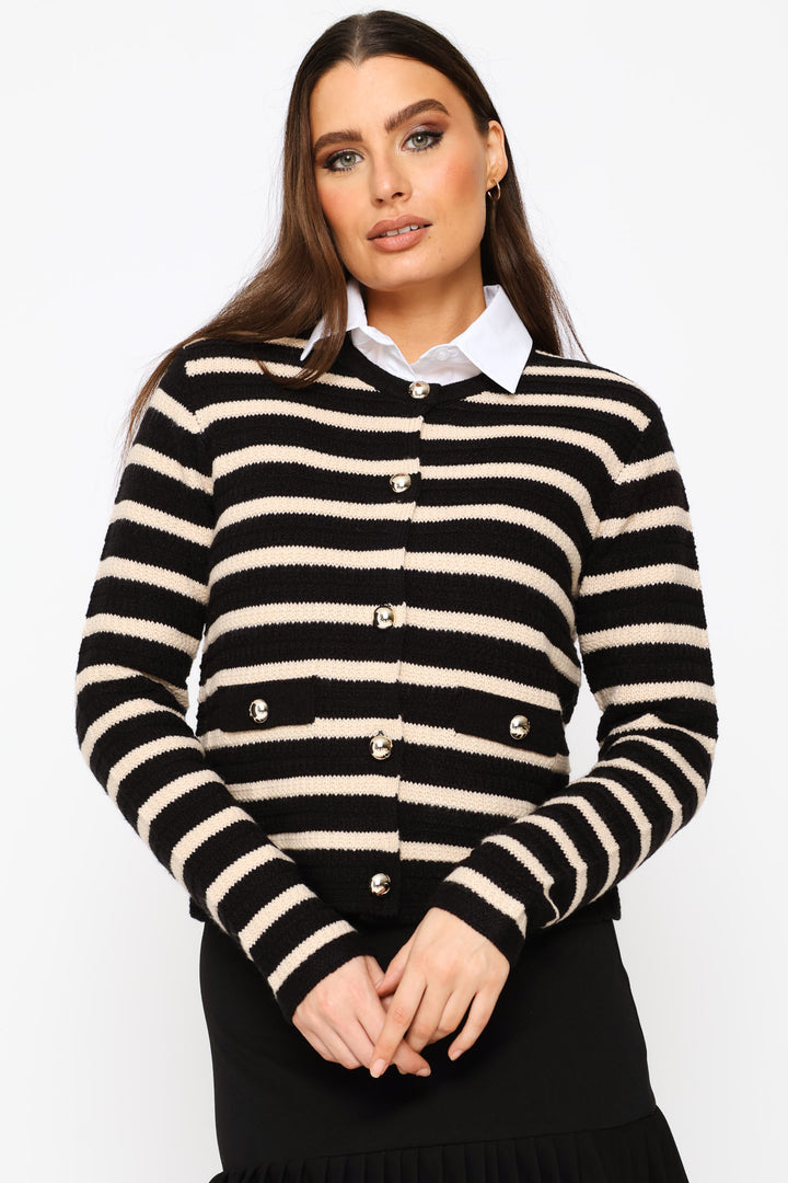 Striped Long Sleeve Textured Cardigan - Black