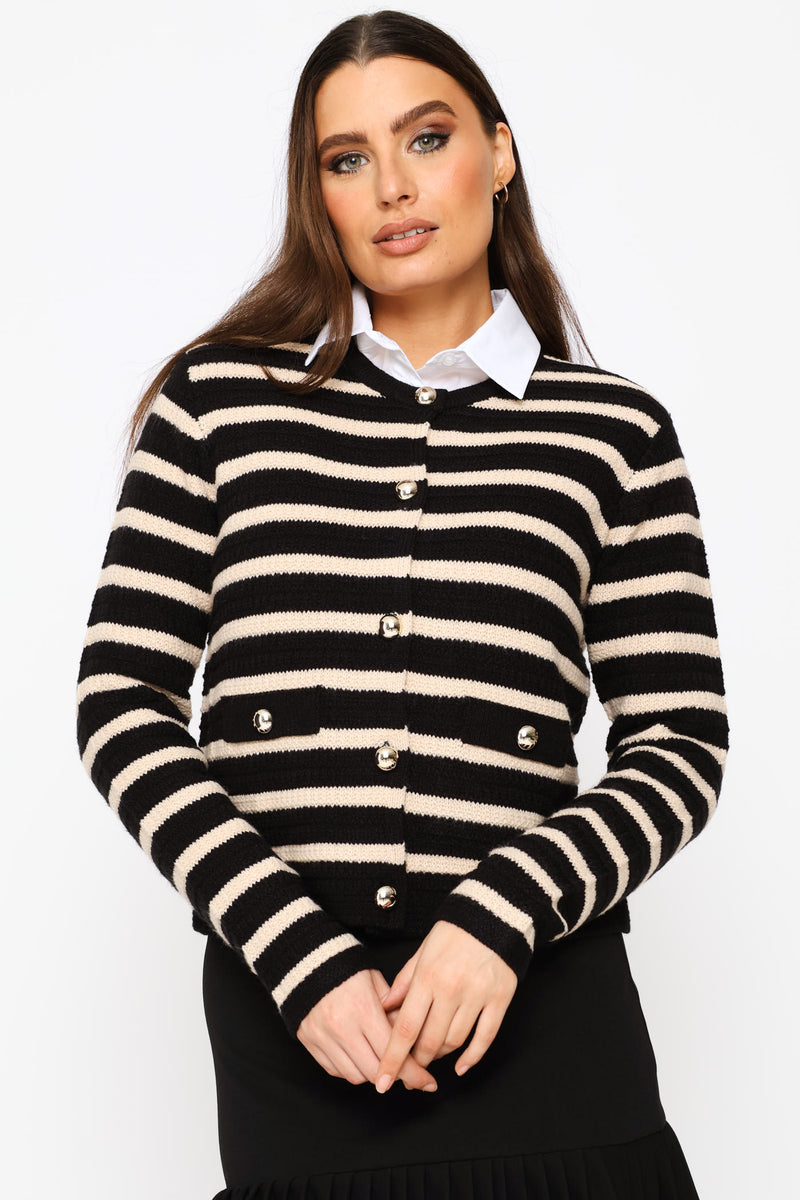 Striped Long Sleeve Textured Cardigan - Black