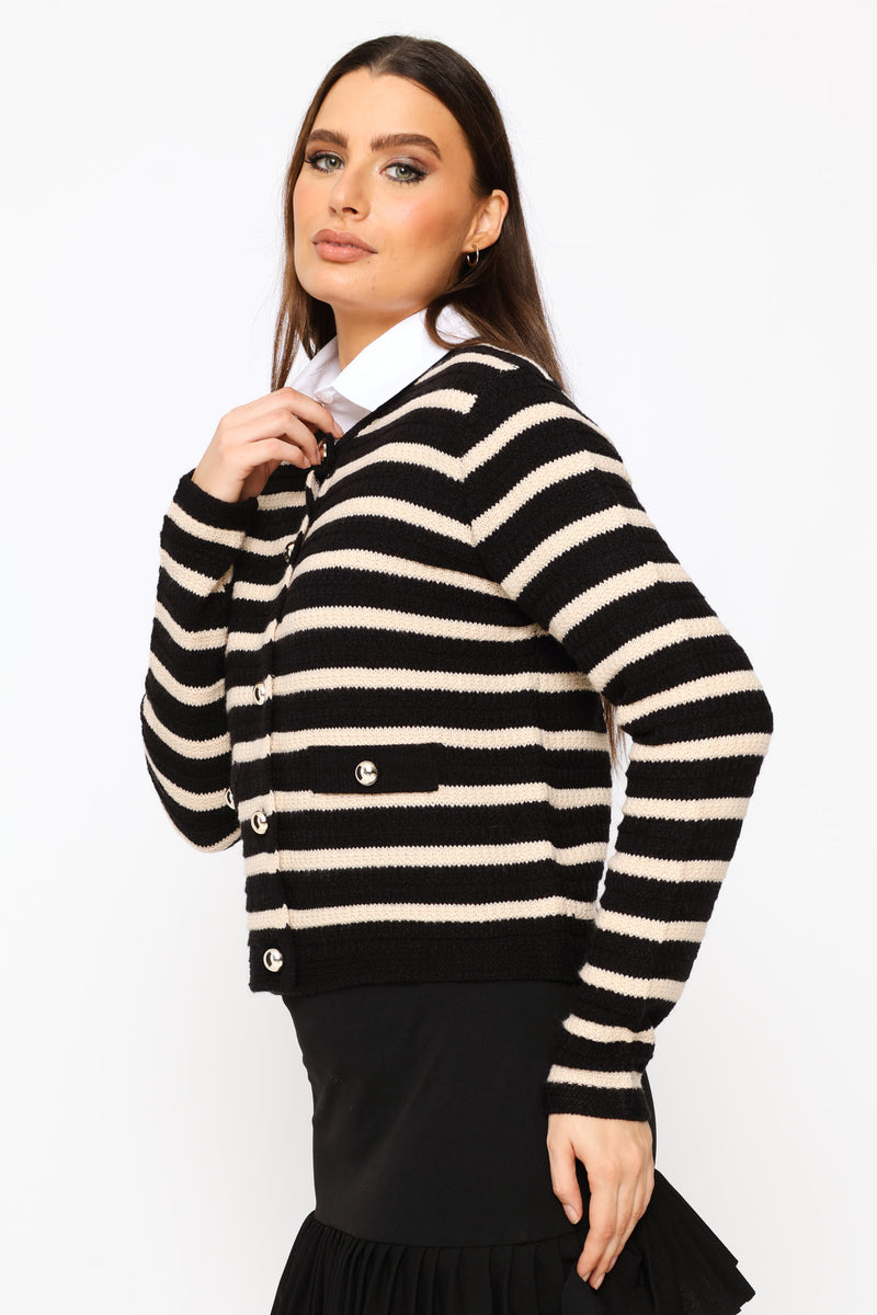 Striped Long Sleeve Textured Cardigan - Black