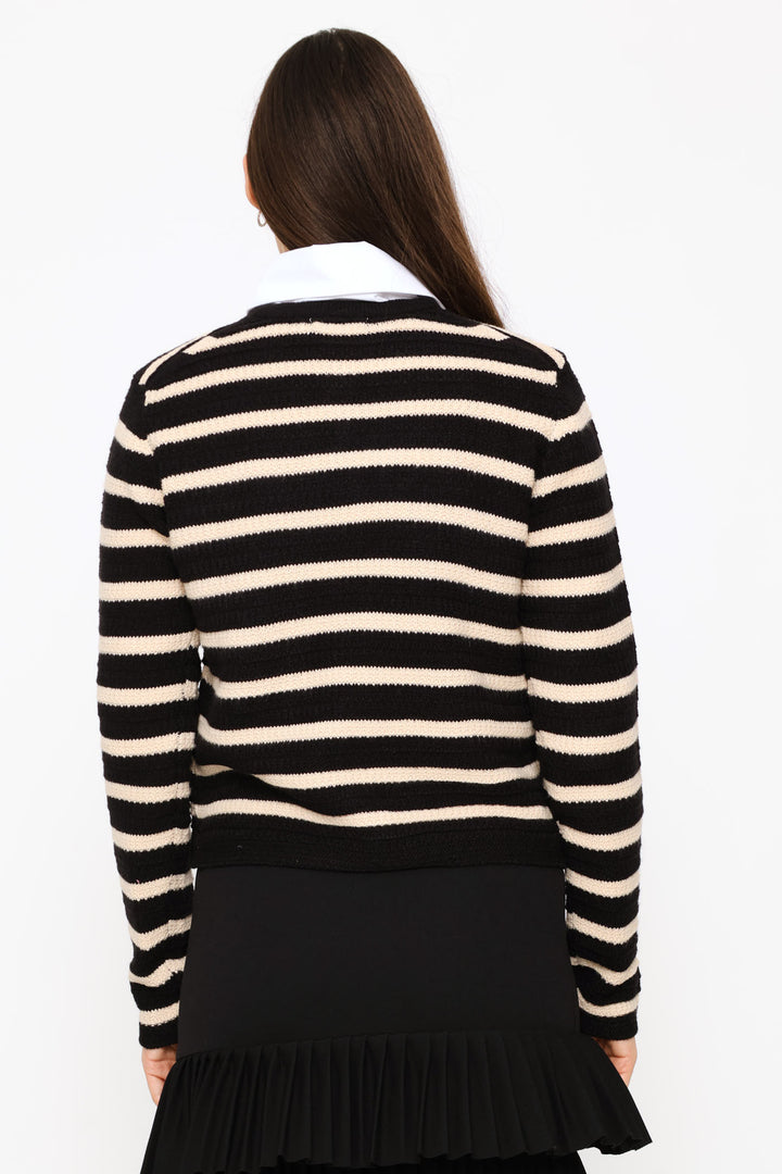 Striped Long Sleeve Textured Cardigan - Black