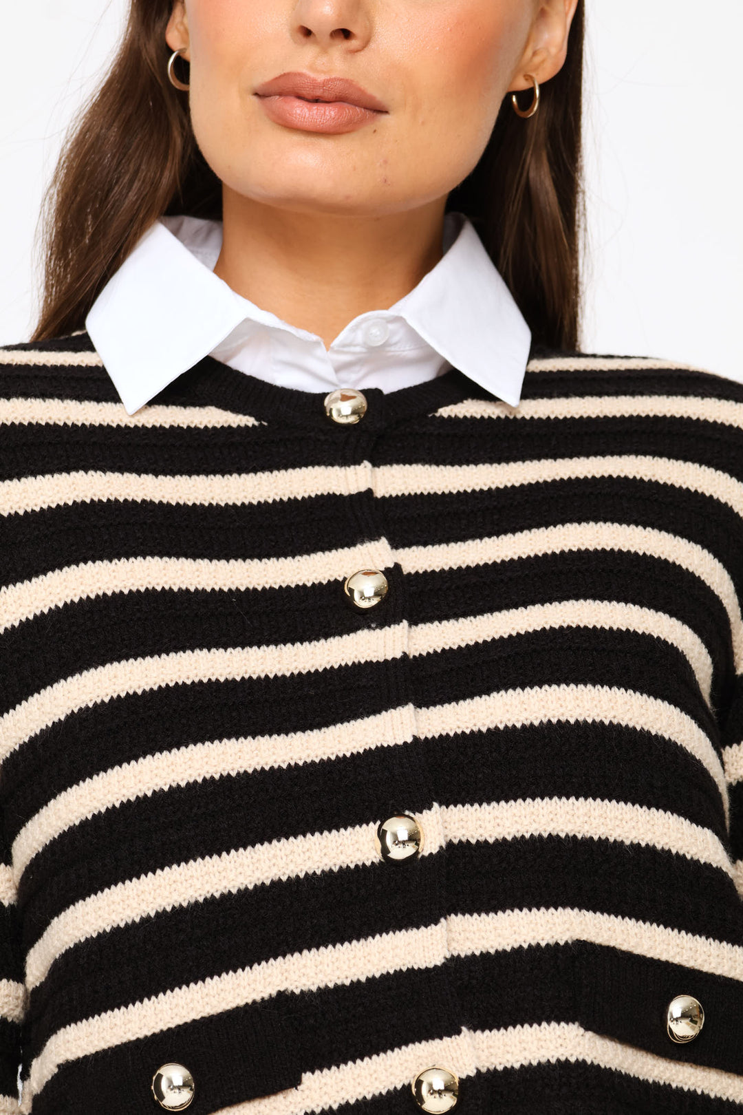 Striped Long Sleeve Textured Cardigan - Black