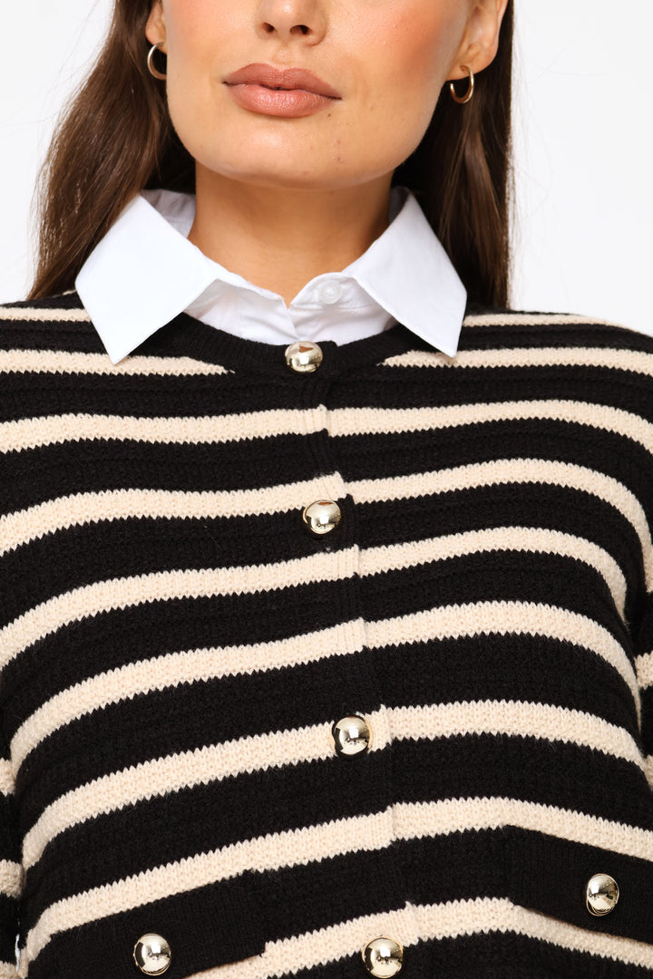 Striped Long Sleeve Textured Cardigan - Black