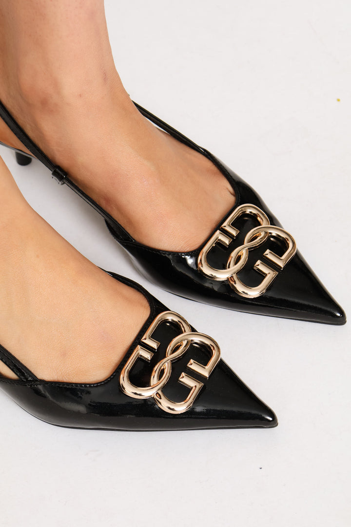 Metal Trim Slingback Heel - Black