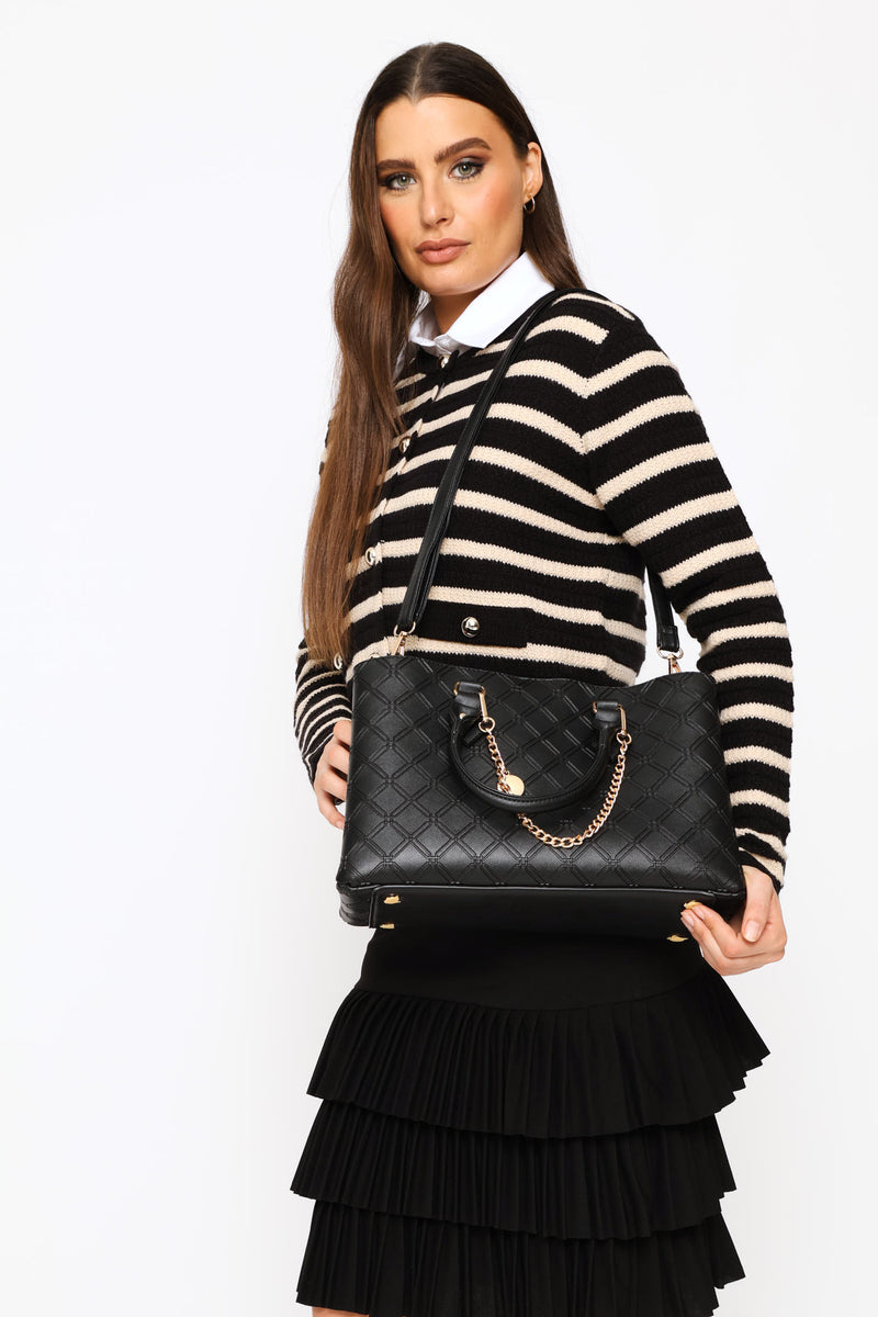 Embosseed Chain Trim Tote - Black