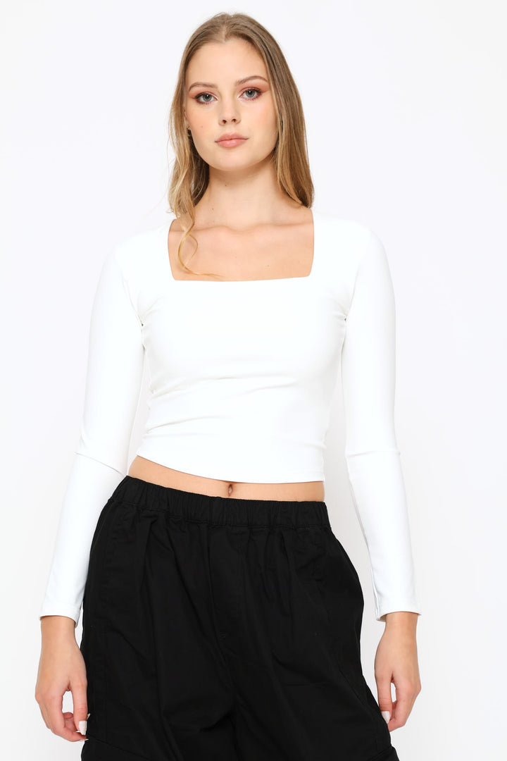 Long Sleeve Skin Tight Basic Square Neck Top - White