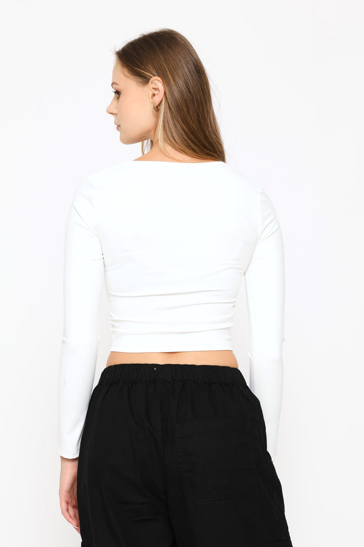 Long Sleeve Skin Tight Basic Square Neck Top - White