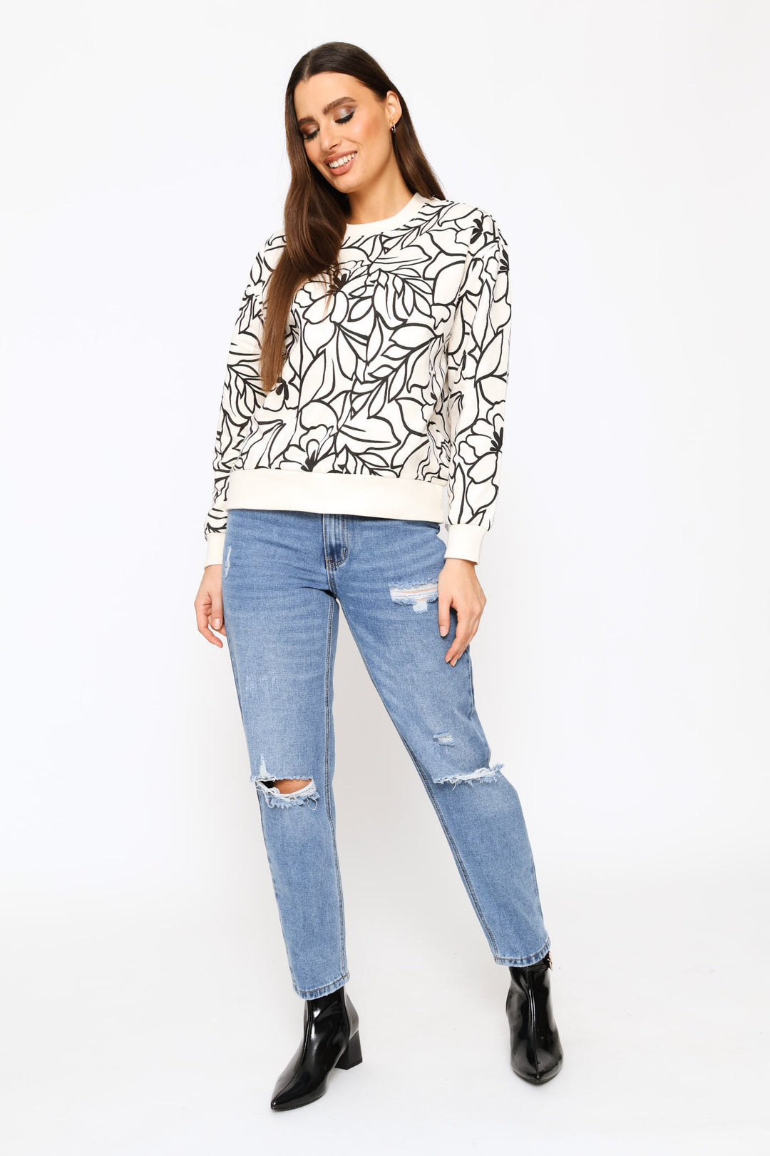 Long Sleeve Cotton Floral Pullover - Cream/Black