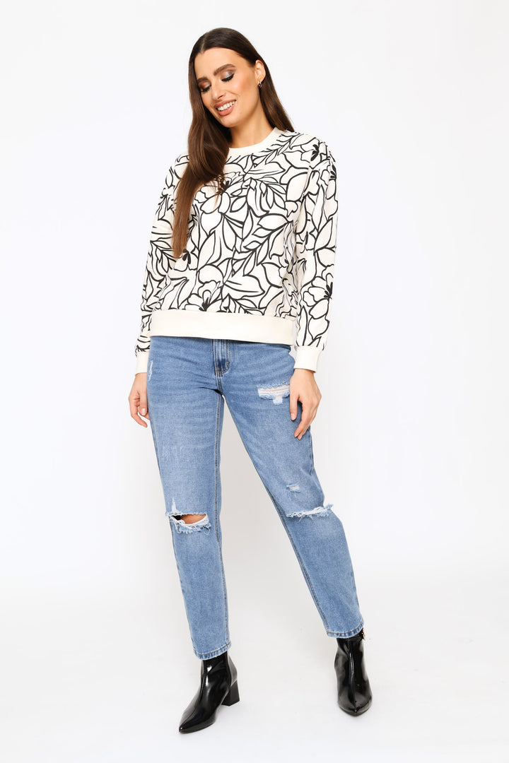 Long Sleeve Cotton Floral Pullover - Cream/Black