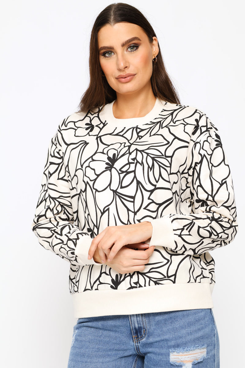 Long Sleeve Cotton Floral Pullover - Cream/Black