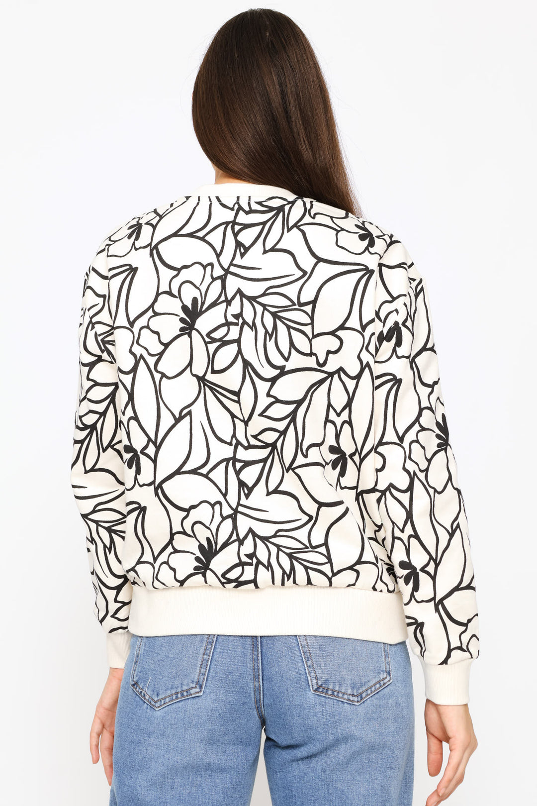 Long Sleeve Cotton Floral Pullover - Cream/Black
