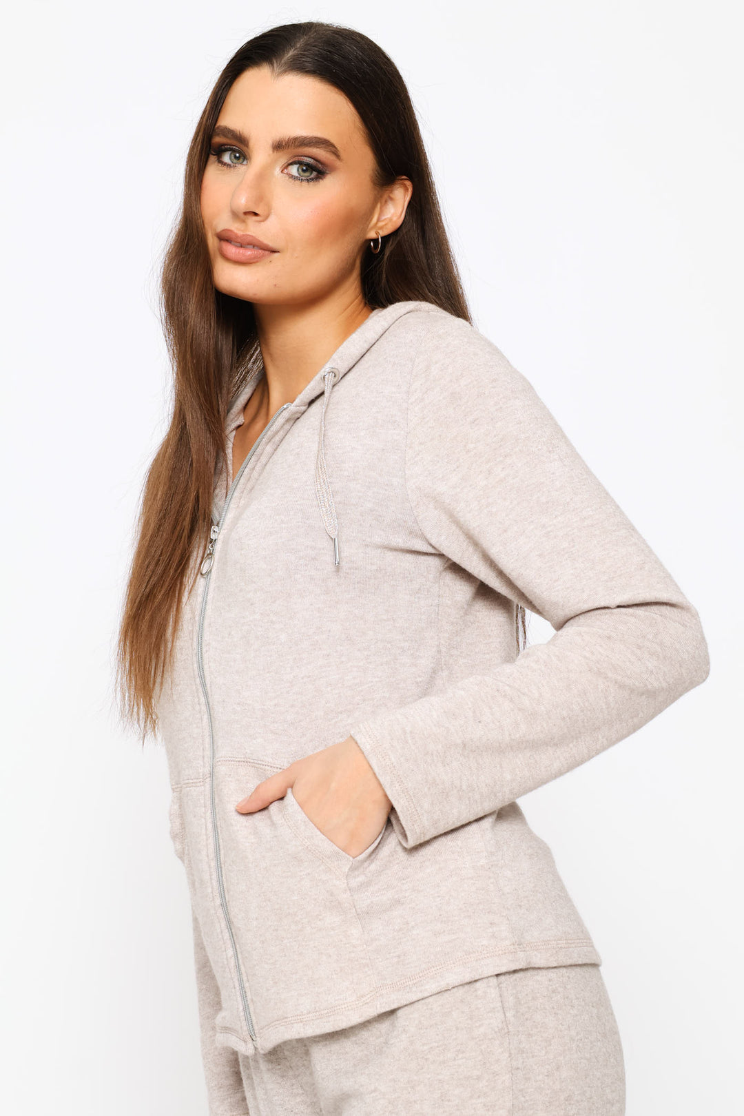 Zip Through Luxe Leisure Hoody - Oatmeal Melange
