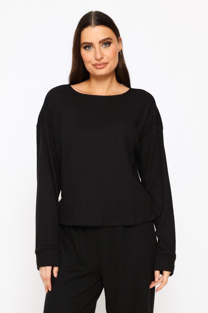 Long Sleeve Dolman Waffle Boxy Tee - Black