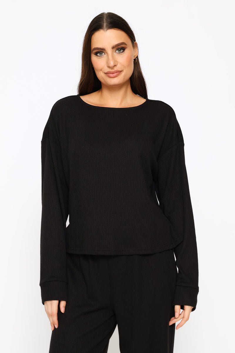 Long Sleeve Dolman Waffle Boxy Tee - Black