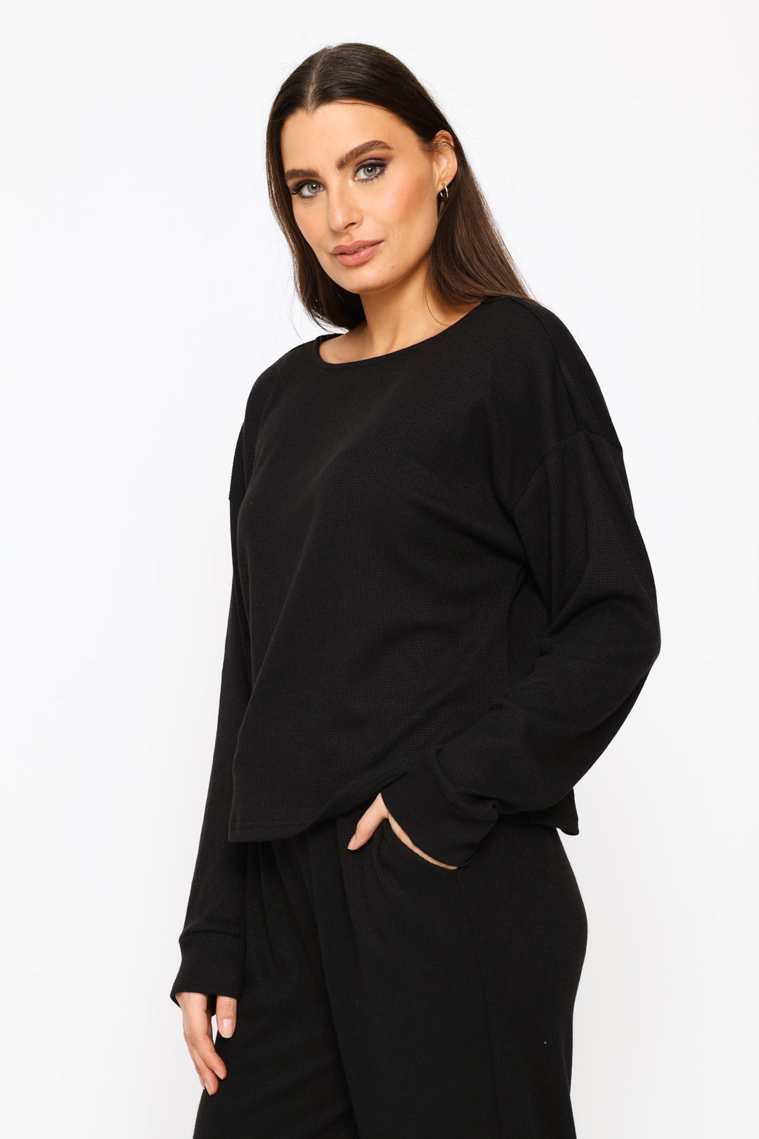 Long Sleeve Dolman Waffle Boxy Tee - Black