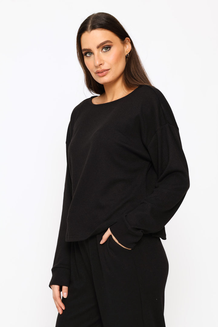 Long Sleeve Dolman Waffle Boxy Tee - Black