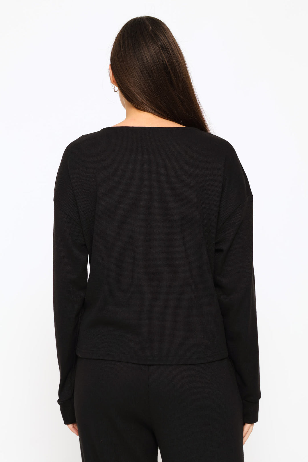Long Sleeve Dolman Waffle Boxy Tee - Black