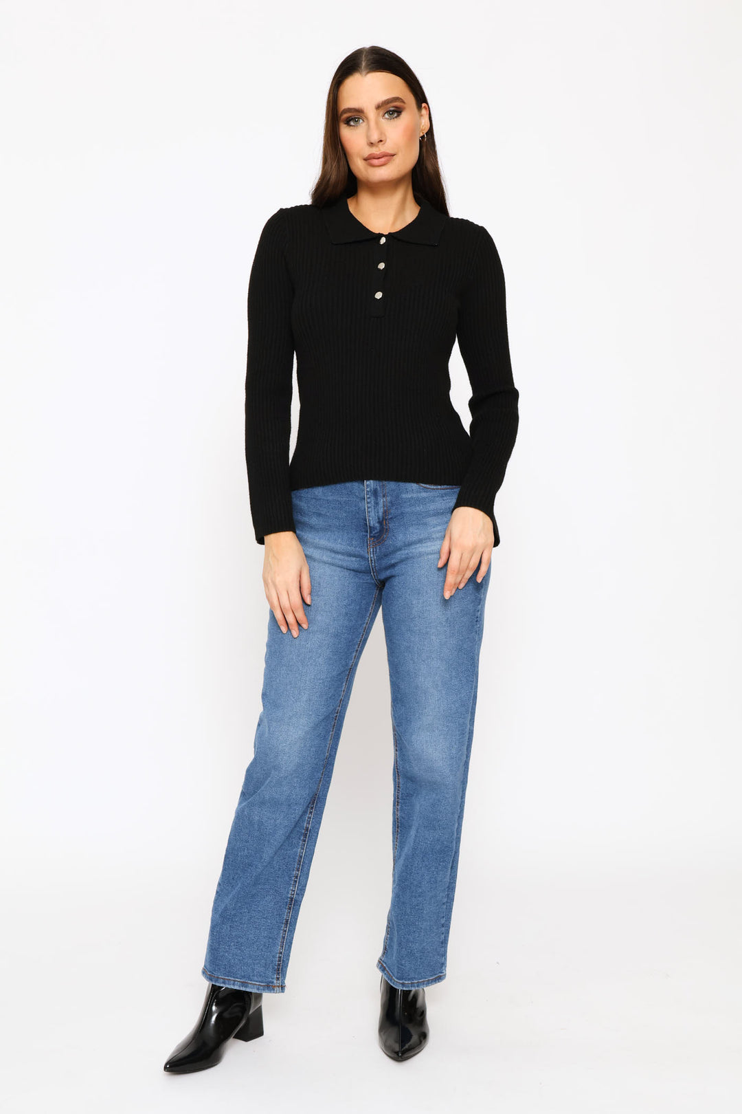 Long Sleeve Quarter Button Pullover - Black