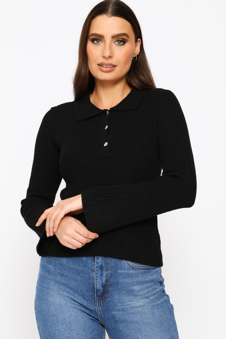 Long Sleeve Quarter Button Pullover - Black