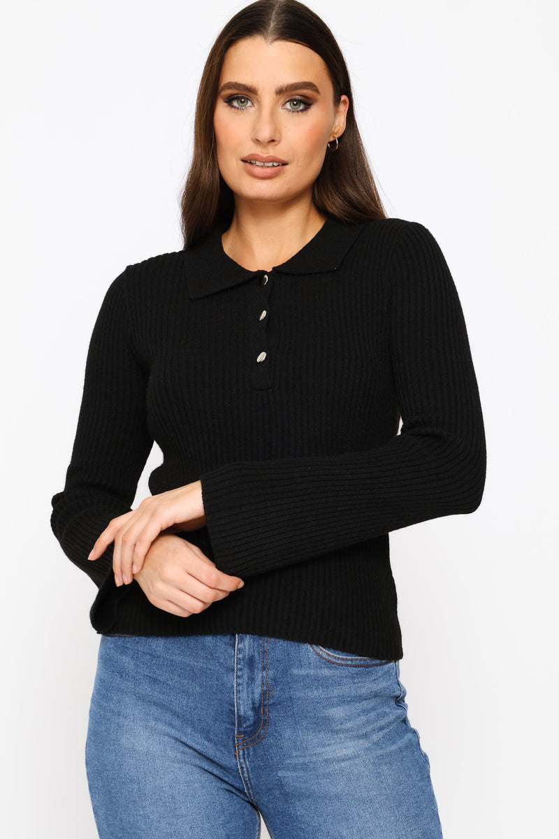 Long Sleeve Quarter Button Pullover - Black