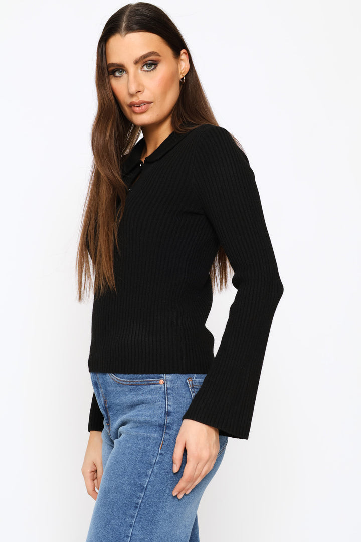 Long Sleeve Quarter Button Pullover - Black
