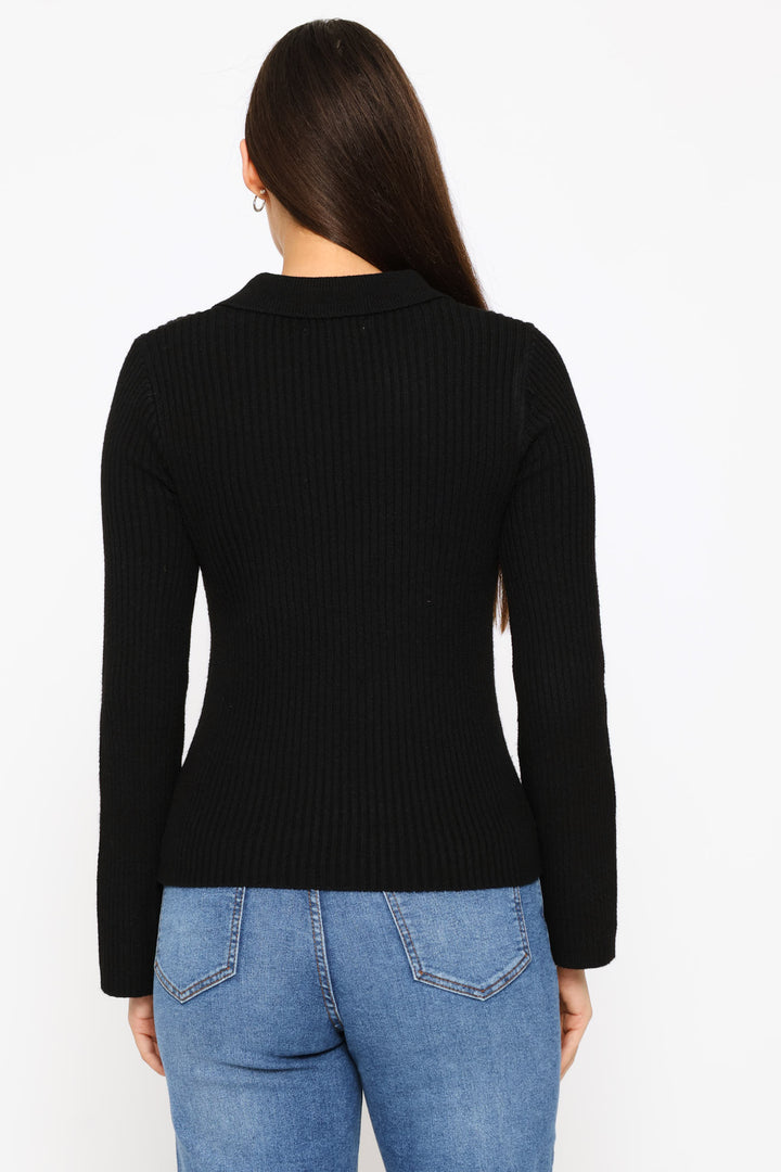 Long Sleeve Quarter Button Pullover - Black