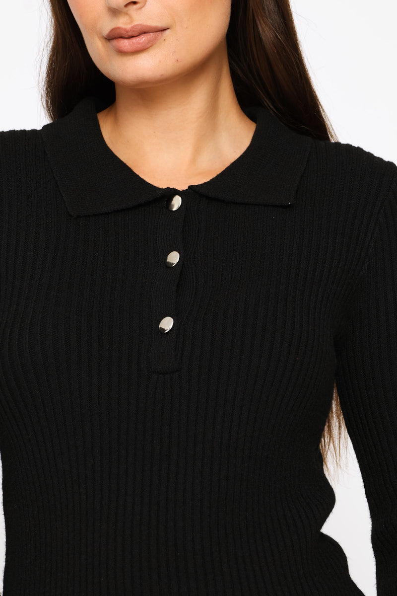 Long Sleeve Quarter Button Pullover - Black