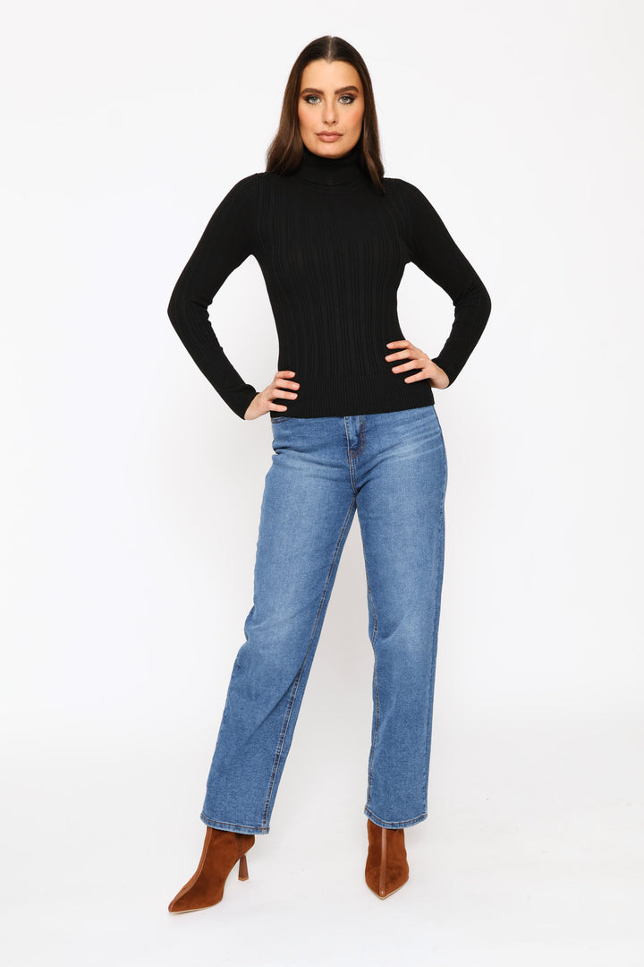 Plain Ribbed Poloneck - Black