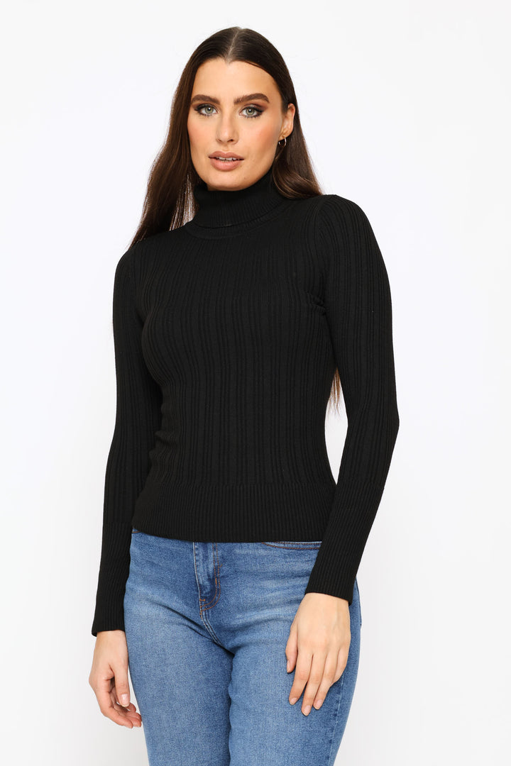 Plain Ribbed Poloneck - Black