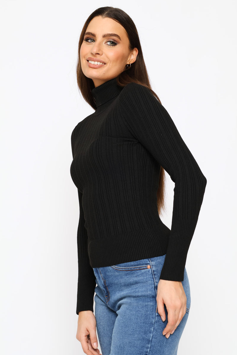 Plain Ribbed Poloneck - Black
